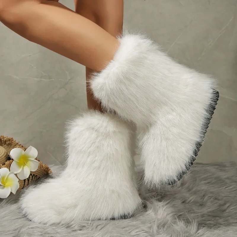 

Pop Women's Winter Snow Boots Outdoor Luxury Furry Faux Fox Fur Boots Woman Plush Warm Platform Shoes New Fashion Bottes Big Siz