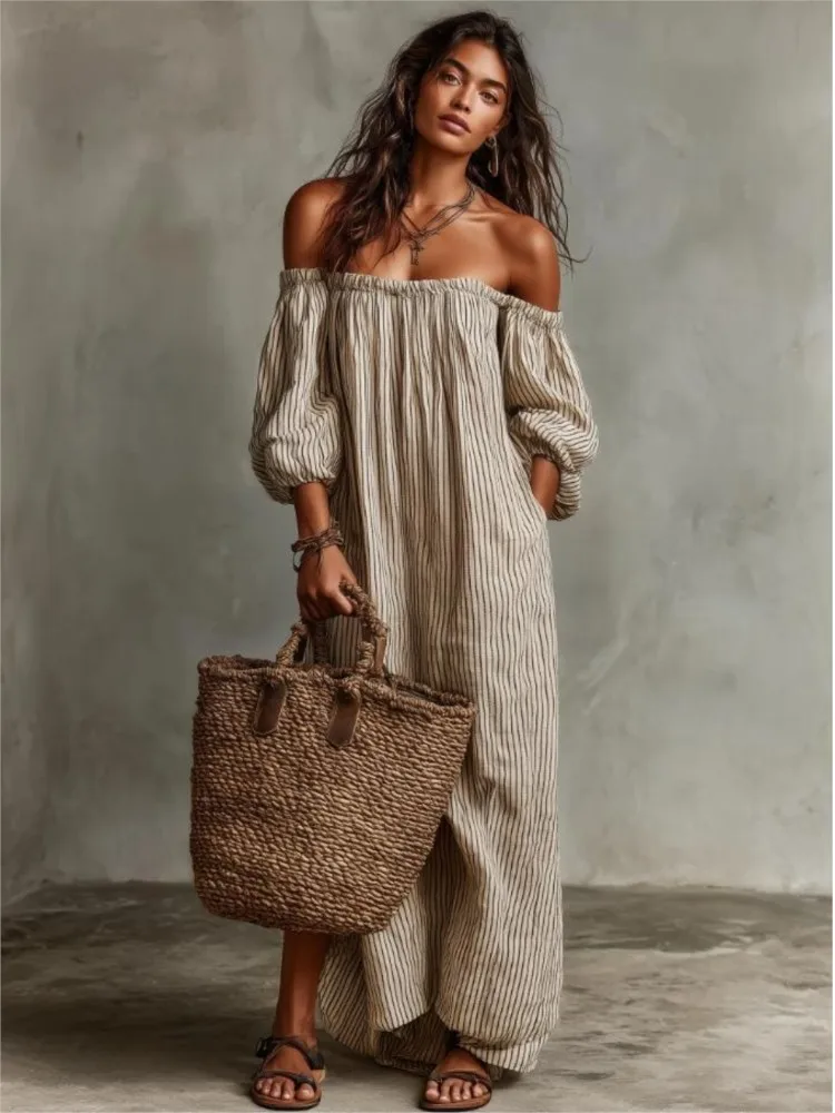 Feminine Off-Shoulder Puff Sleeve Long Dress 2026 Spring And Summer Beach Vacation Long Dress Retro Striped Print Pocket Dress