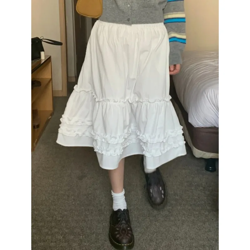 

Spring Fashion White A-Line Mini Skirt Women's Chic Sweet Small Size Gored Hem Elastic Waist Skirt Korean Sle High Waist