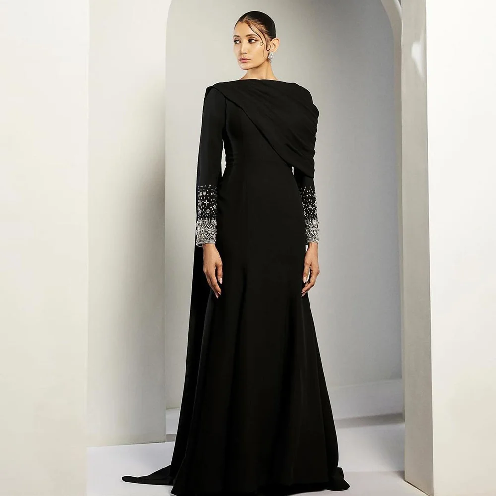 Saud Arabic Evening Dress with Cape Black Mermaid Party Gown Customized Scoop Long Sleeve Crystal Stone Arabian Prom Dresses