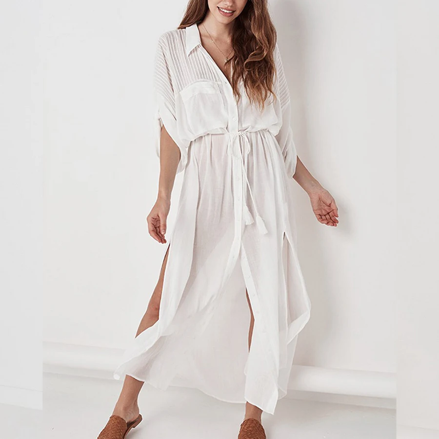 Para Praia New Cotton Long Sleeve Shirt 2025 Swimsuit Covers Long Dress Sexy Beach Polka Maxi Beach Dress Women Bikini Beachwear