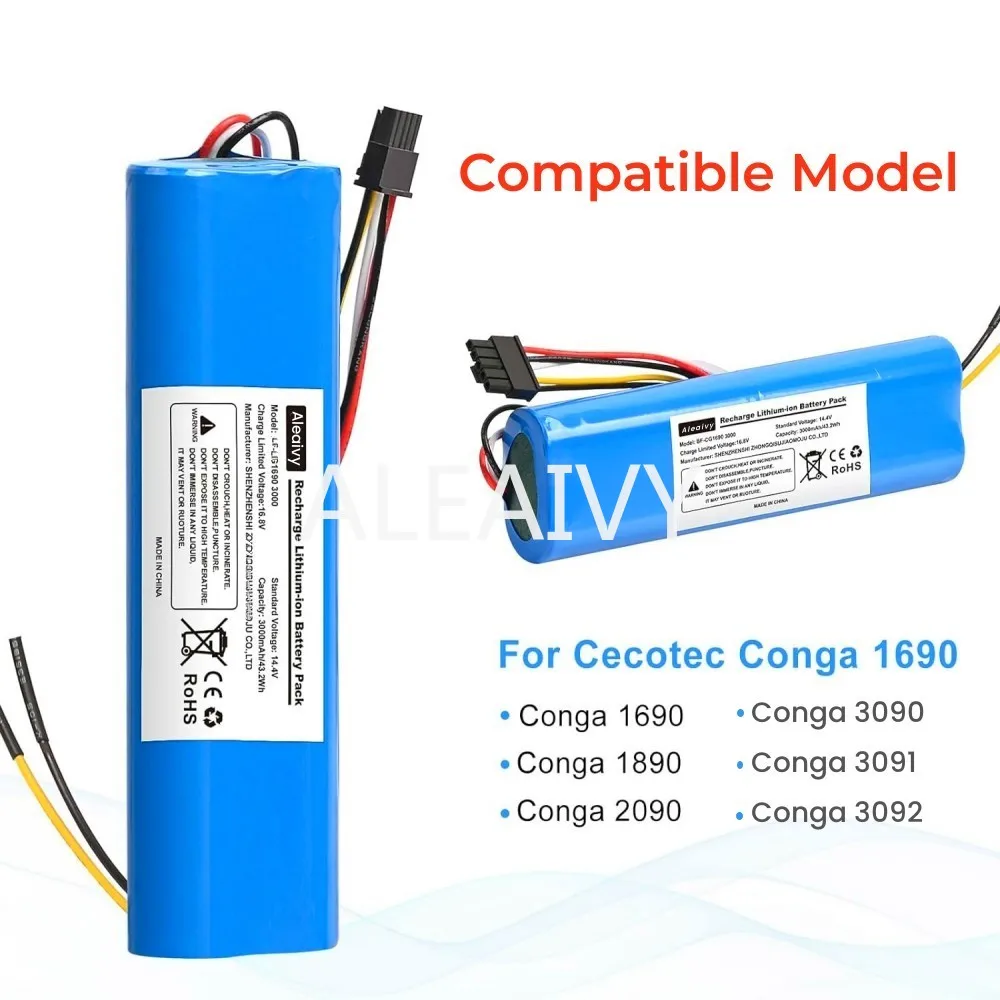 CECOTEC 9800mAh Li Ion Battery for CONGA 3090 3091 3092 1690 1890 2090 Robot Vacuum Cleaner Replacement Accessories 14.4 Volt