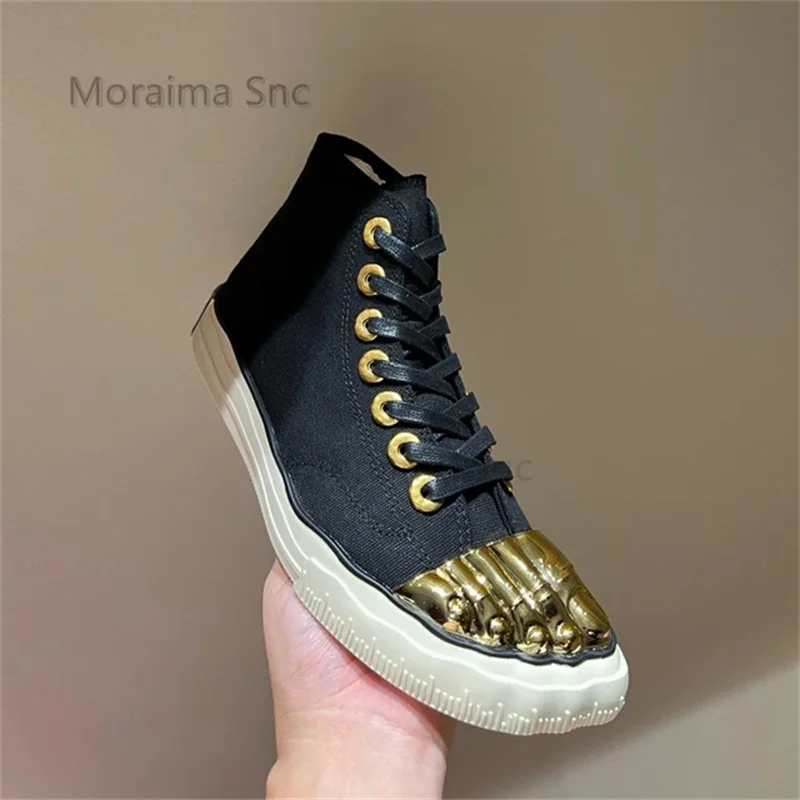 

Gold Five Finger Sneakers for Women Lace Up Flats Canvas Shoes Couple Sports Patchwork Casual Catwalk Office Lady Single Shoes