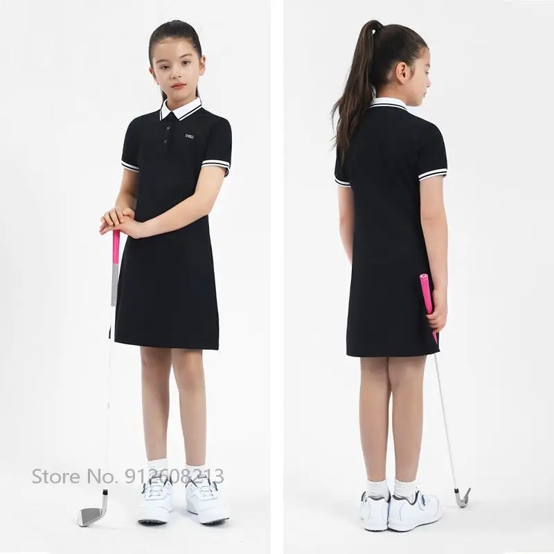 PGM Girls Short-sleeved Golf Polo Shirt Dress Children High Waist Golf Dress Summer Breathable Mesh Skirt Dresses Slim Clothes