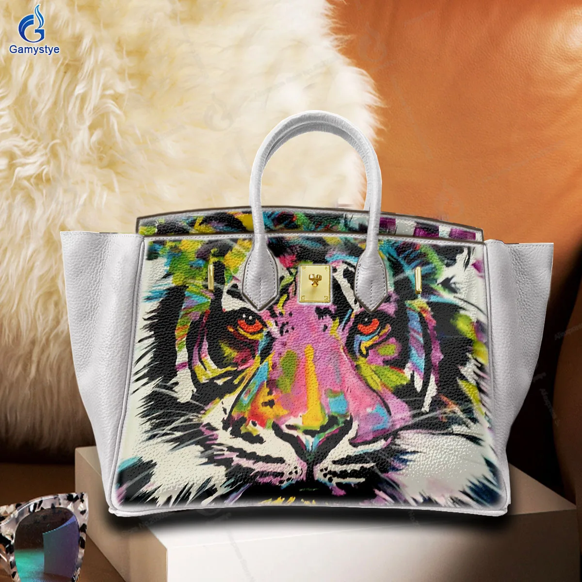 

Women Bags Top-Handle Bags Cross Body Bags Bolsas Marcas Camouflage Tiger Print Soft Cow Leather Hand Draw Customize Art Bags