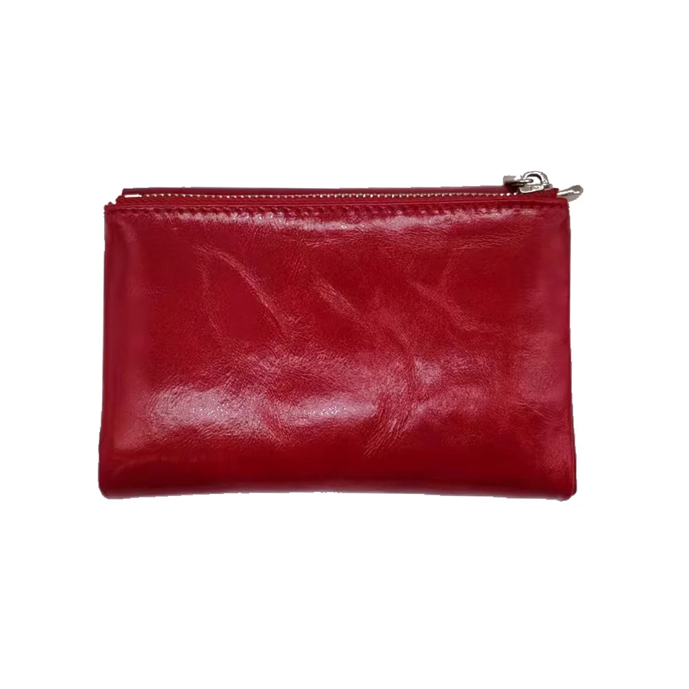 Vintage Oil Waxed Genuine Cow Leather Short Wallet Women High Quality Retro Cowhide Flap Over ID Card Holder Money Bag Purse