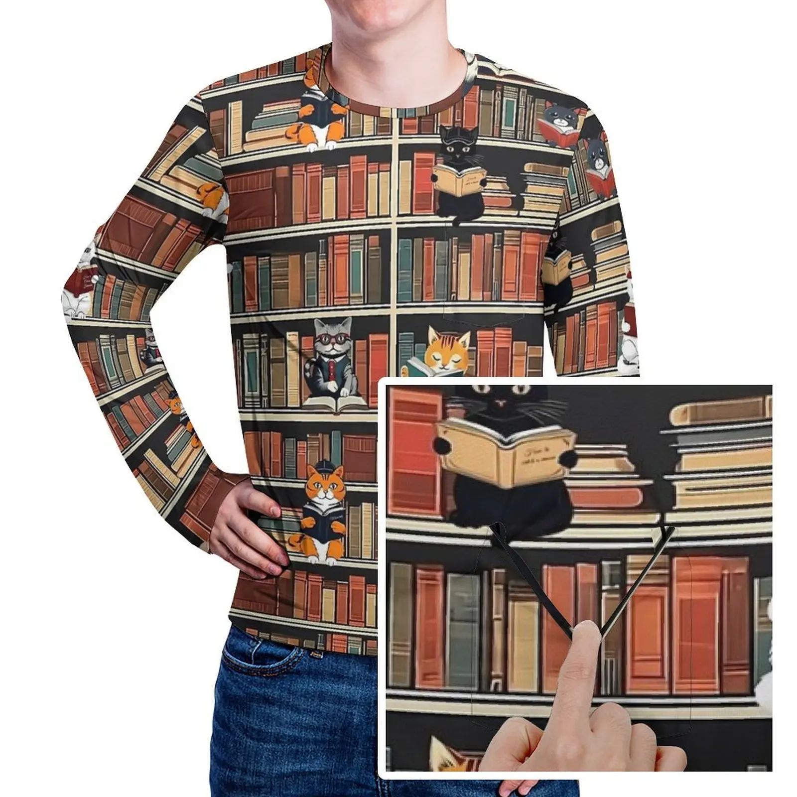مكتبة القط الفن تي شيرت القطط والكتب رجل الموضة تي شيرت الربيع الجرافيك تيز كم طويل عادية المتضخم هدية عيد ميلاد