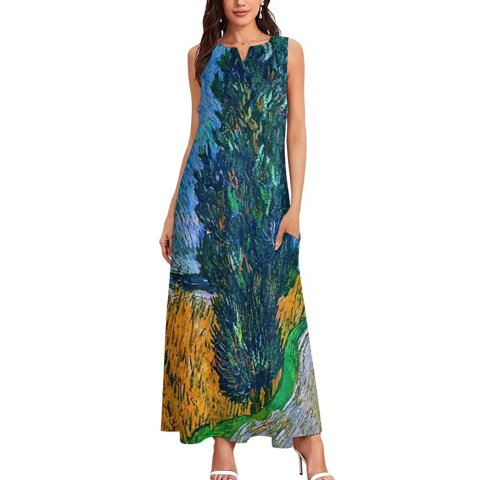 Van Gogh Dress Summer Road with Cypress and Star Street Wear Boho Beach Long Dresses Womens Print Vintage Maxi Dress Large Size