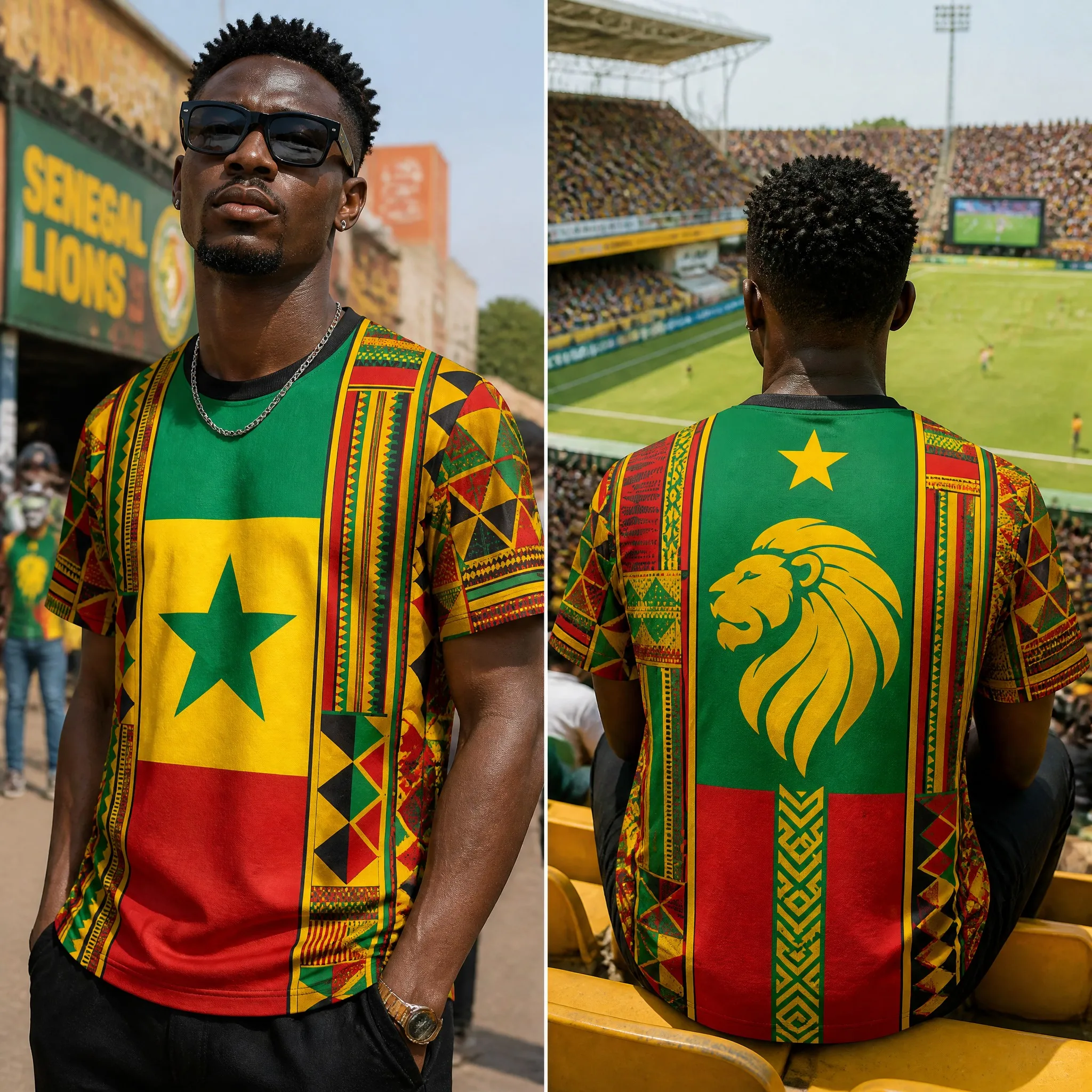 Senegal Mens Flag Lion Graphic Tee Tribal Sleeve Short Sleeve Fan Shirt Street Stadium Casual Heritage Pride Top Outdoor Fanwear