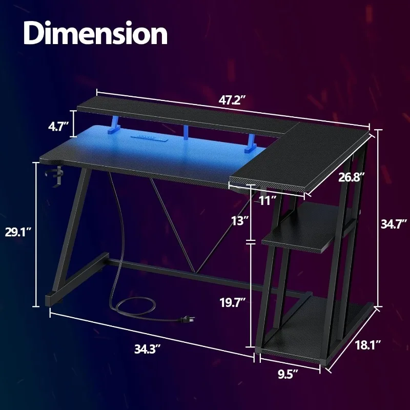 Reversible Gaming Desk with Power Outlet & LED Lights, Corner Computer Desk with 3 Tiers Storage Shelves, Home Office Desk