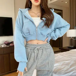 Autumn and Winter Loose Zipper Hooded Cardigan Yoga Jacket High Waist Sports Short Sweater for Women