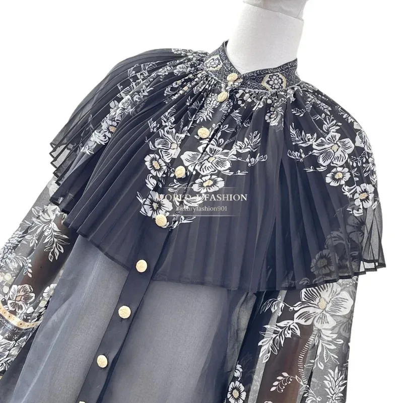 

Black Floral Print Long Sleeve Lantern Sleeve Pleat See Through Blouse Tops and Midi Skirt Set 2025 New Design
