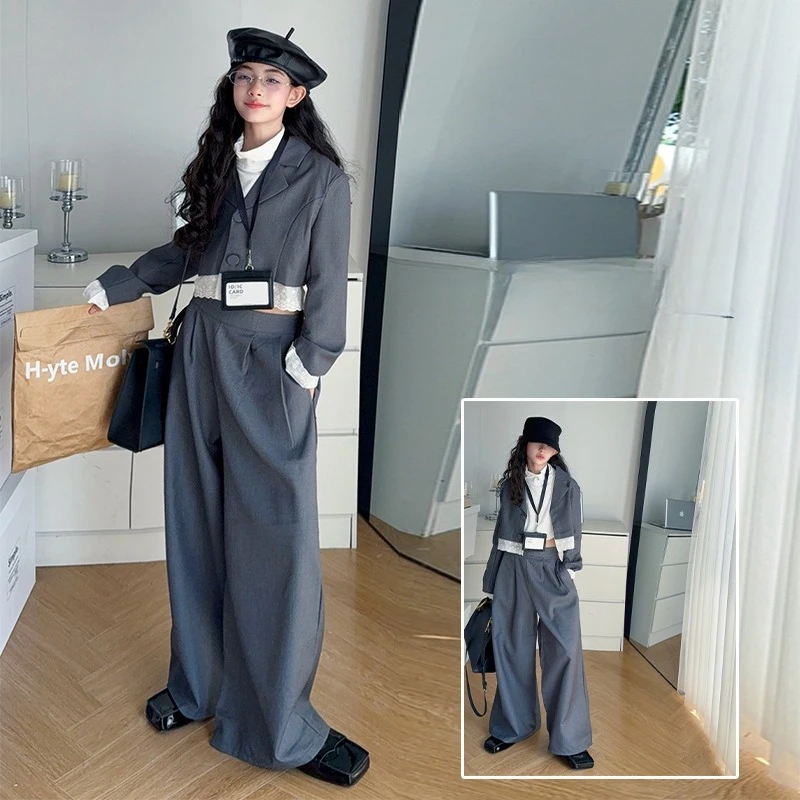 

Французский дизайн, серые костюмы для девочек-подростков, кружевной лоскутный костюм, куртка + широкие брюки, комплект одежды из 2 предметов для маленьких детей, детский костюм, наряды 14