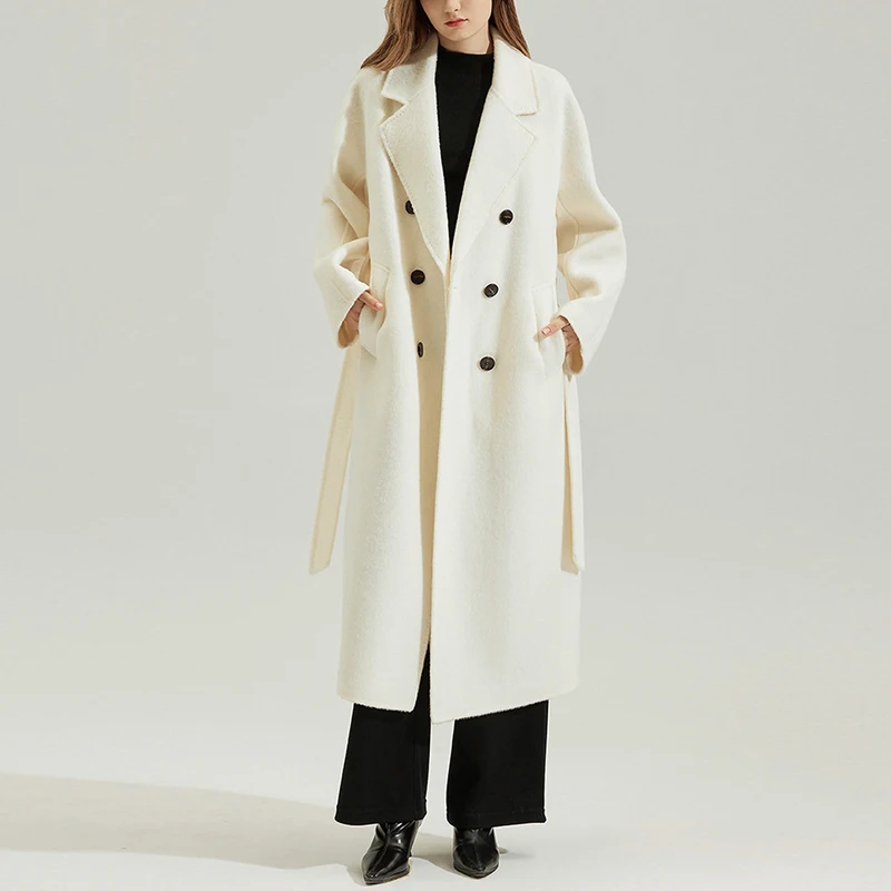 

Classic Double-sided Wool Women's Long Alpaca Coat Fall Winter Double-breasted Female Long Sleeve Belt Woolen Trench Outwear