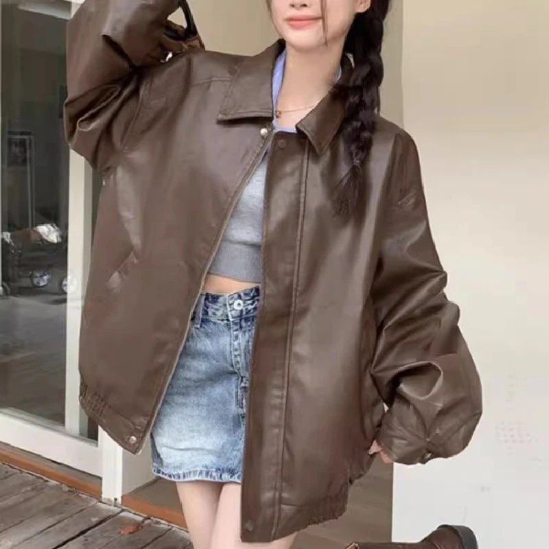 

Стильная куртка из искусственной кожи однотонного цвета в стиле хип-хоп для мужчин и женщин, привлекательная новинка осени, американский ретро-мотоциклетный стиль