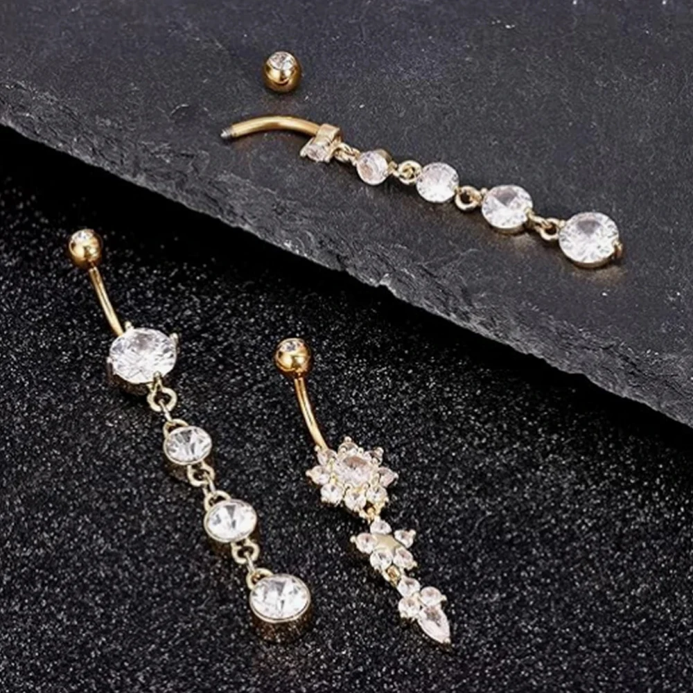 Zestawy kolczyków do pępka w różnych stylach 3-8 szt./zestaw, zakrzywione kolczyki do pępka, zestaw biżuterii, kolczyki do pępka z kwiatami, sercami, gwiazdami, wiszące kolczyki do pępka. — zdjęcie 5