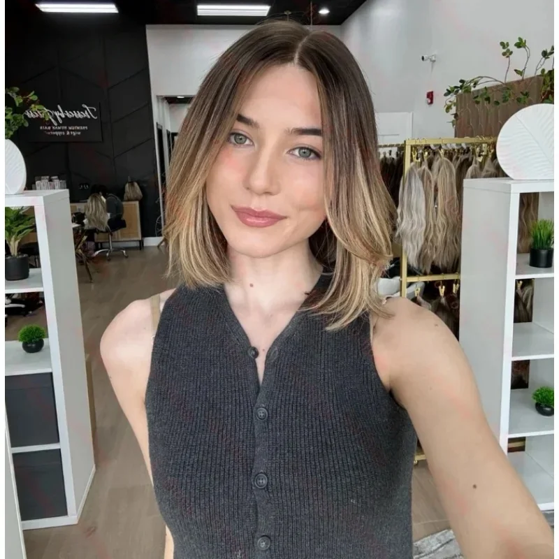 

Натуральные еврейские волосы омбре-коричневые, 14 дюймов, без клея, мягкие, длинные, прямые, с шелковой основой 5x5, с HD-кружевом, европейские волосы, с baby hair, предварительно вычесанные