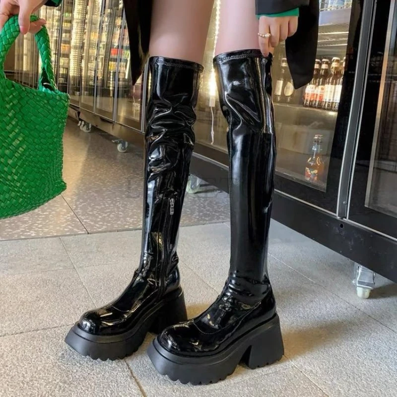 Punk Style Woman Knee- High Boots Zipper Fashion Patent Leather Long Booties Autumn Winter High Heel Ladies Shoes