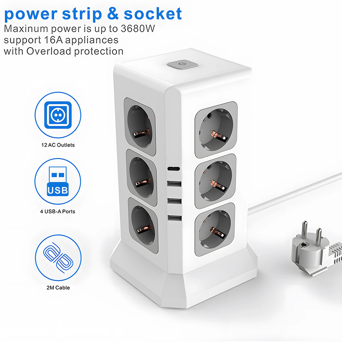 12 Way Outlets Vertical Power Socket EU Plug with 6.56 FT Extension Cord and 4 USB Charging Ports(1 USB C) Power Strip Tower