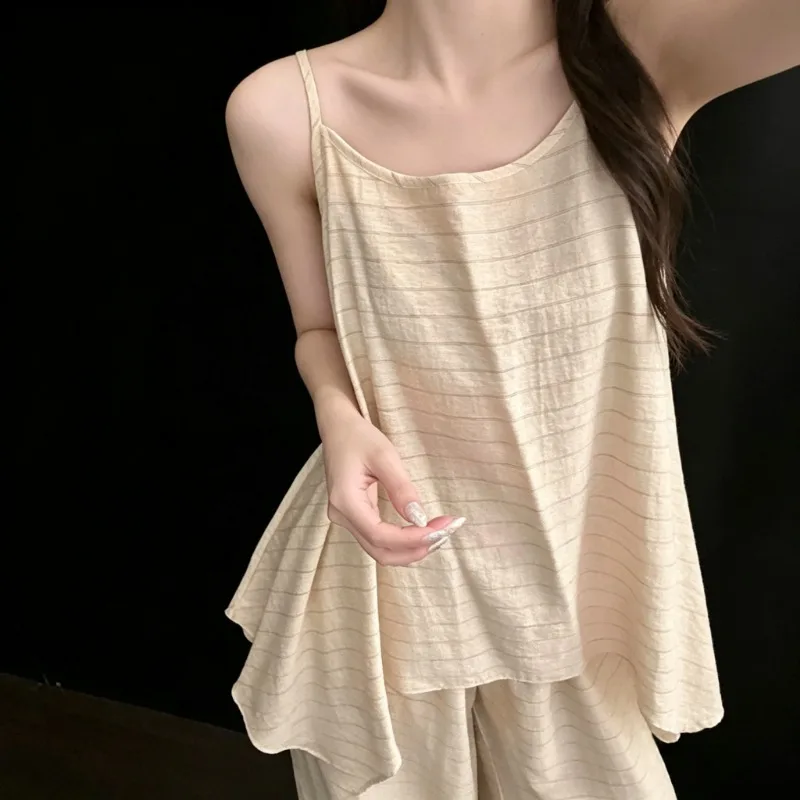 French Luxury Women Pajamas Summer Striped Camisole Pajama Set Casual Ladies Homewear Sleepwear Loungewear Simple Fashion