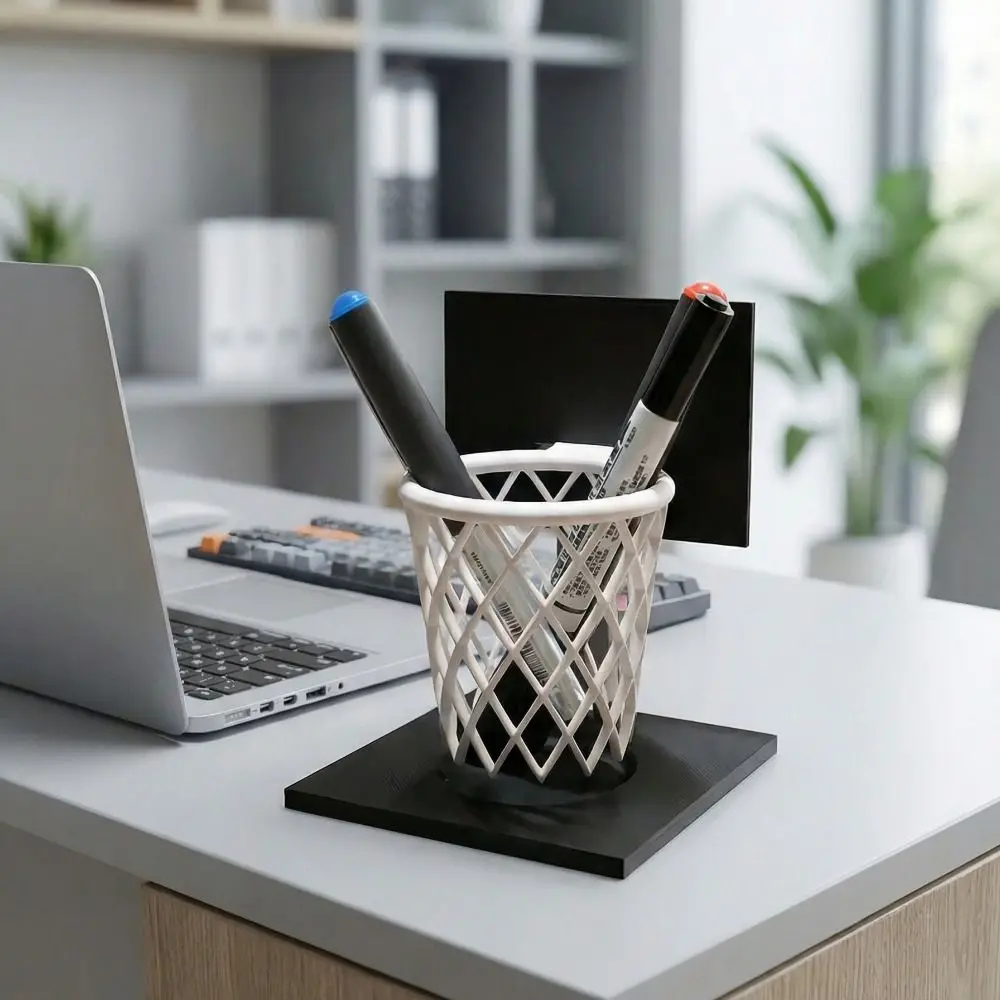 3D Printed Basketball Hoop Pen Holder Large Capacity Creative Stationery Storage Container Space-Saving Black Base