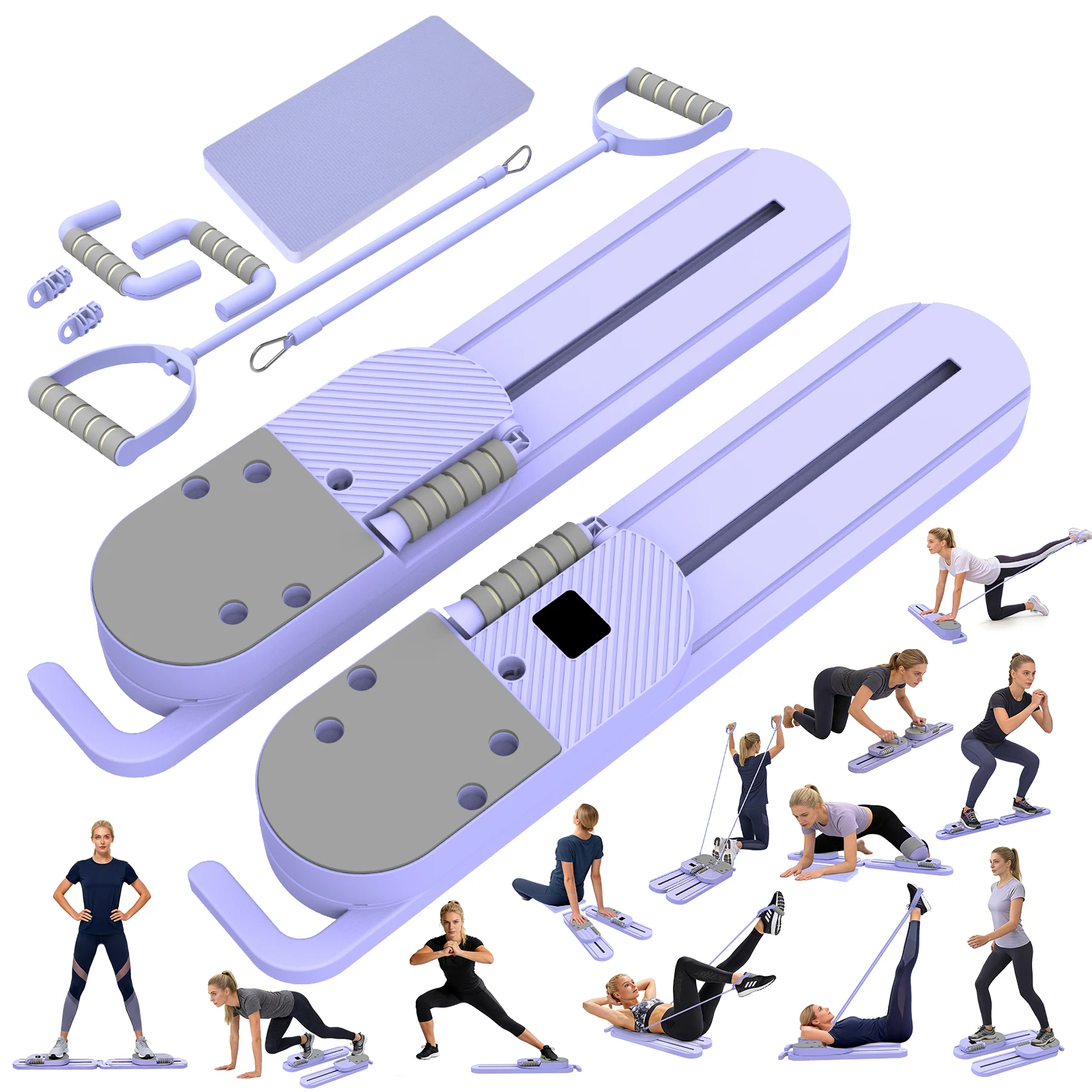 Prancha de Pilates Desmontável, Ginásio Portátil para Casa com Tela Digital, Bandas de Resistência, Prancha de Equilíbrio