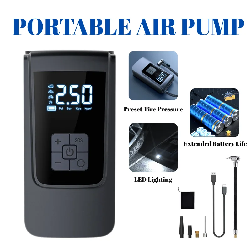 

Беспроводной портативный воздушный компрессор 150PSI 7,4/12V шинный насос - светодиодная подсветка + ЖК-цифровой дисплей, точное давление для мотоцикла Bic