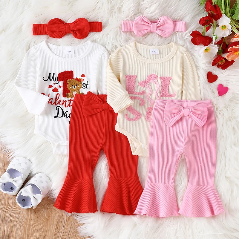 

Baby Girls My First Valentine’s Day Outfits Long Sleeve Letter Bear Embroidery Romper +Ribbed Pants + Headband Infant 3Pcs Set