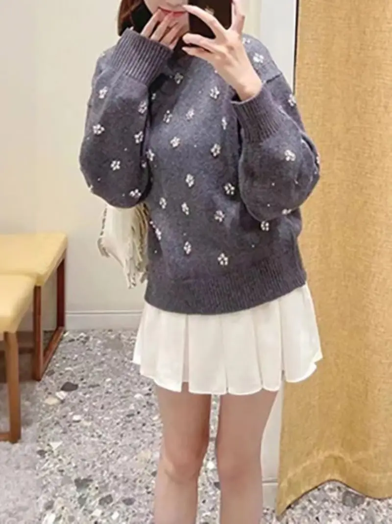 Flower Diamond Women\'s Grey Sweater Autumn Winter Round Neck Long Sleeve Casual Ladies Knitted Pullover