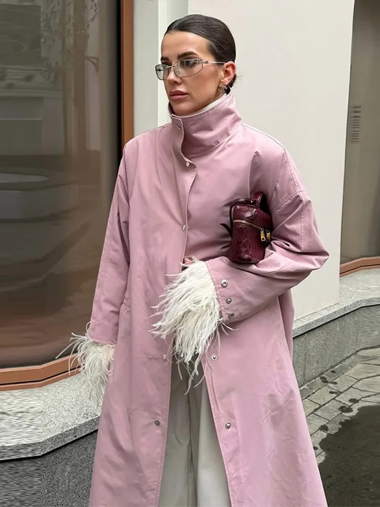 Casual Women's Autumn Long Windbreaker Stand Collar Single Breasted Full Sleeve Green Pink Trench Coat 2026 Lady Loose Outwear view 6