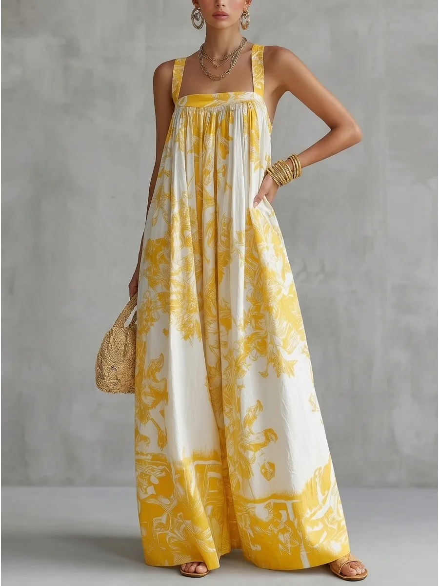 Missuoo Yellow White Floral Printed Loose Vacation Jumpsuit 2026 Summer Stylish Casual Wide Leg Square Neck Cami Jumpsuits view 2