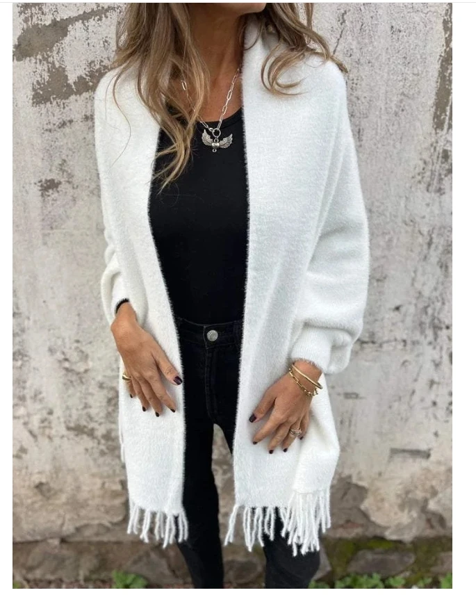 Winter Fall Women Jacket Thick Fleece Fringe Tassel Hem Long Bat Sleeves Open Stitch Cardigan Knitted Fuzzy Tassel Jacket