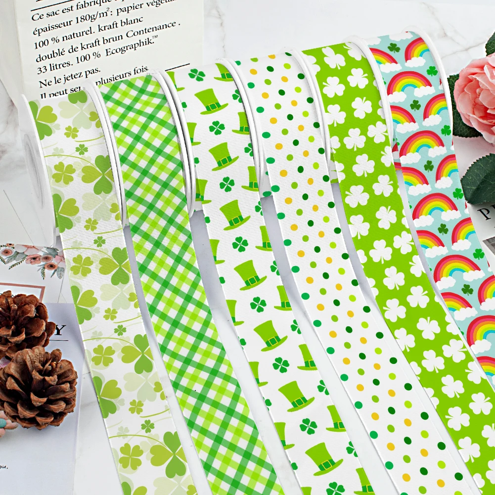 Green Clover Saint Patrick\'s Day Printed Grosgrain Ribbon /Satin for Gift Wedding Party Decoration DIY Hair Bow 10 Yards