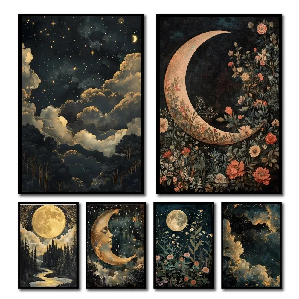 1 unidad de luna creciente en cielo nocturno estrellado, arte popular, Luna Floral, estrellas, impresión en lienzo, decoración eclética, arte de pared natural Vintage, decoración Moody