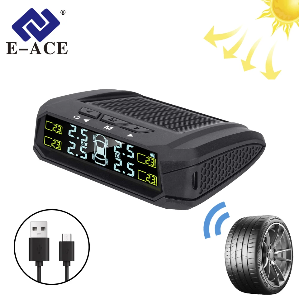 E-ACE TPMS Car Tire Pressure Wireless Monitor System Alarm Digital Display 4 Sensors USB Solar Charging Auto Security Accessory
