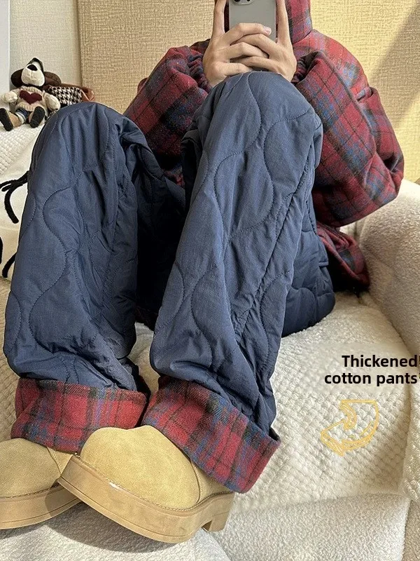 Pantalon d'hiver en coton pour femme, coupe ample, coupe ample, épissure à carreaux, coupe-vent, chaud, jambe droite, vêtements d'extérieur longs