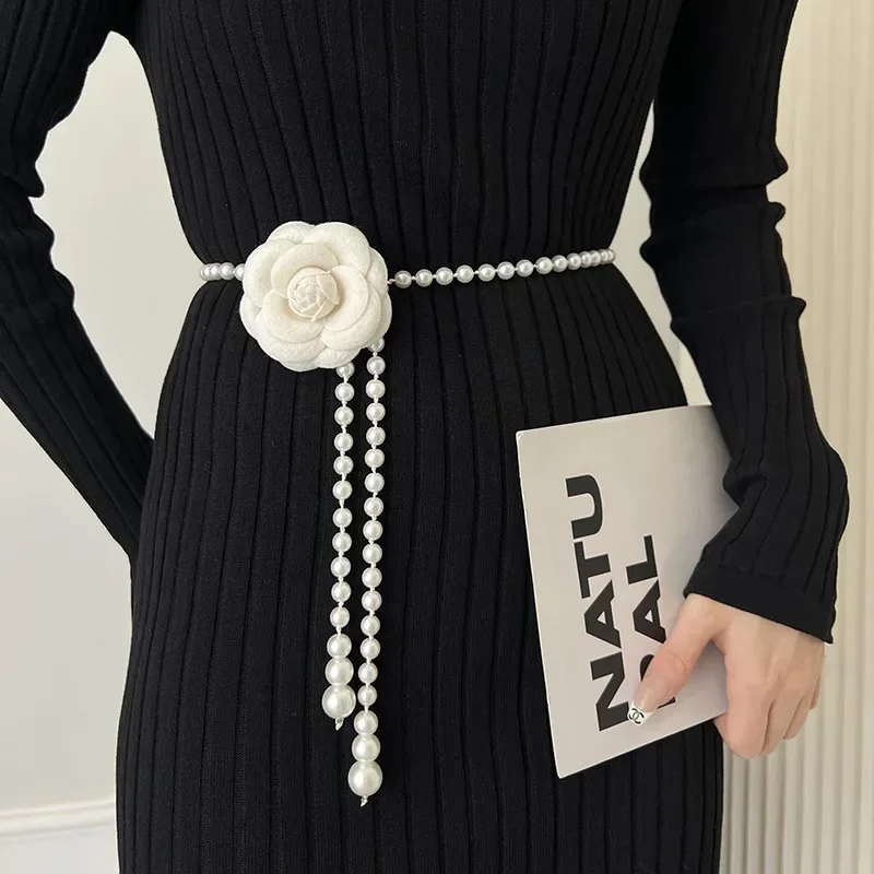 Big Camellia Waist Pearl Belt for Women Decorative Skirt Sweater Stylish