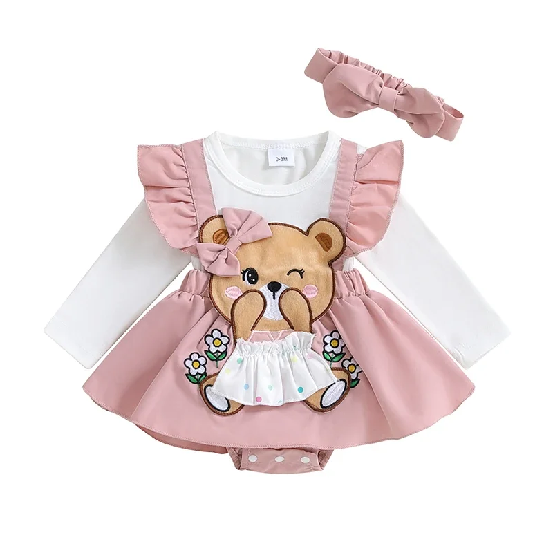 Baby Girl Fall Romper Dress Bear Embroidery Long Sleeve Fake Two Pieces Jumpsuit with Bow Headband
