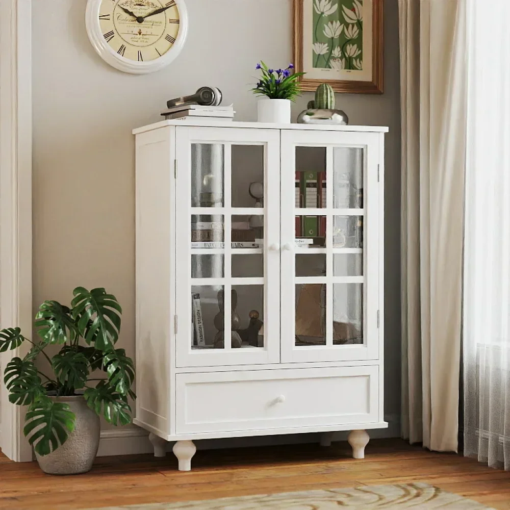 Minimalist White Buffet Cabinet with Double Glass Doors and Drawer, Modern Wooden Storage Sideboard Cupboard