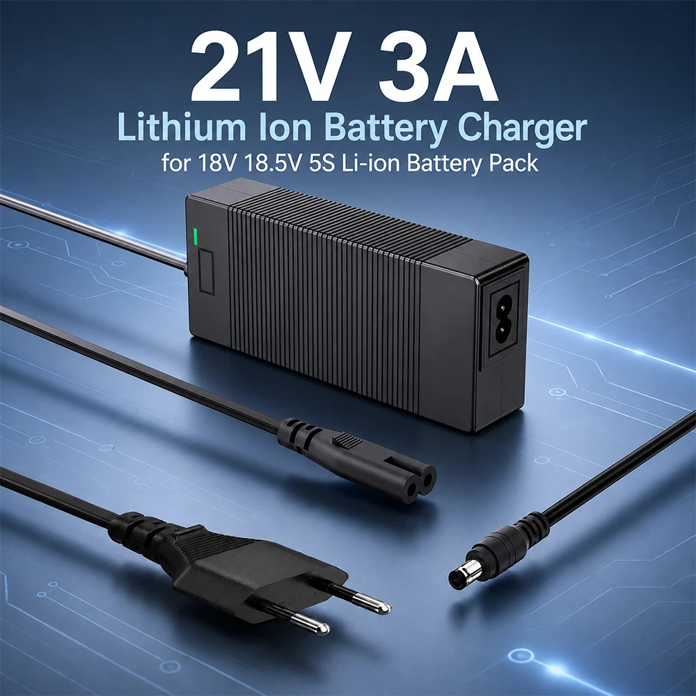 21V 3A Charger for 18V 18.5V 5S Lithium Battery Pack 18650 21700 Li-ion CC CV Power Adapter DC 5.5x2.5mm LED Indicator