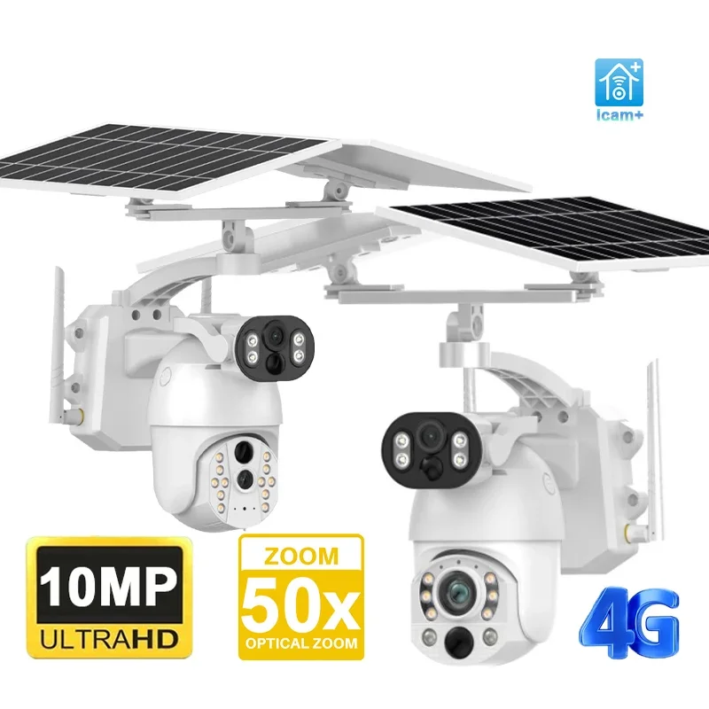 Rscamtom Icam+ 10MP Outdoor Dual Panel Dual Lens Solar Camera 50X Optical Zoom Alarm Push Home Security Camera