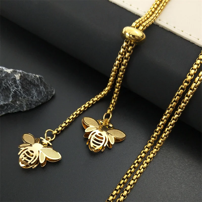 Fashion Bee Stainless Steel Long Necklace for Women Gold Color Statement Necklace Jewelry colgantes mujer moda N1525S03