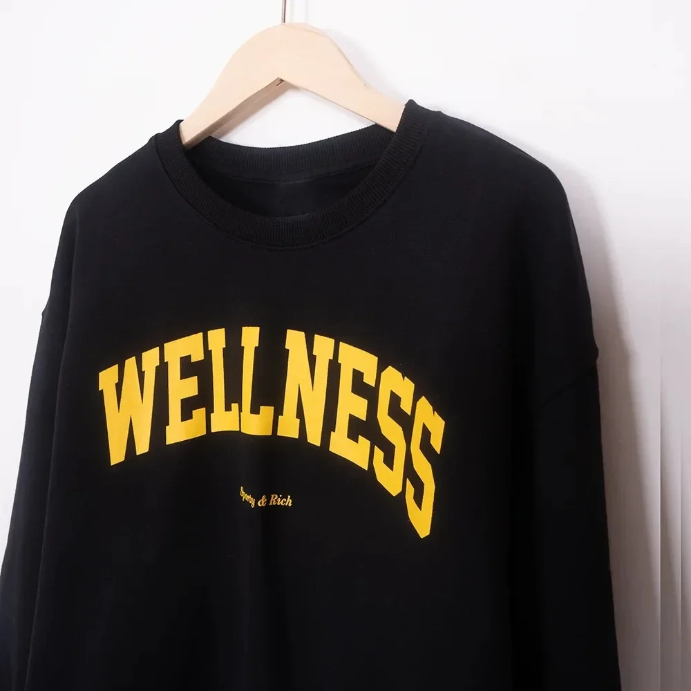 ZESSAM WELLNESS Letter Graphic Print Sweatshirt Women Black Long Sleeve Sporty Female Pullover Vintage Casual Lady Top 2024