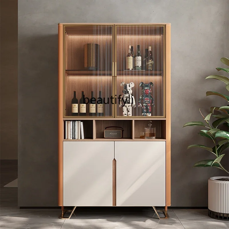 

Light luxury wine cabinet household living room wall multi-functional solid wood display cabinet glass high-end wine cabinet