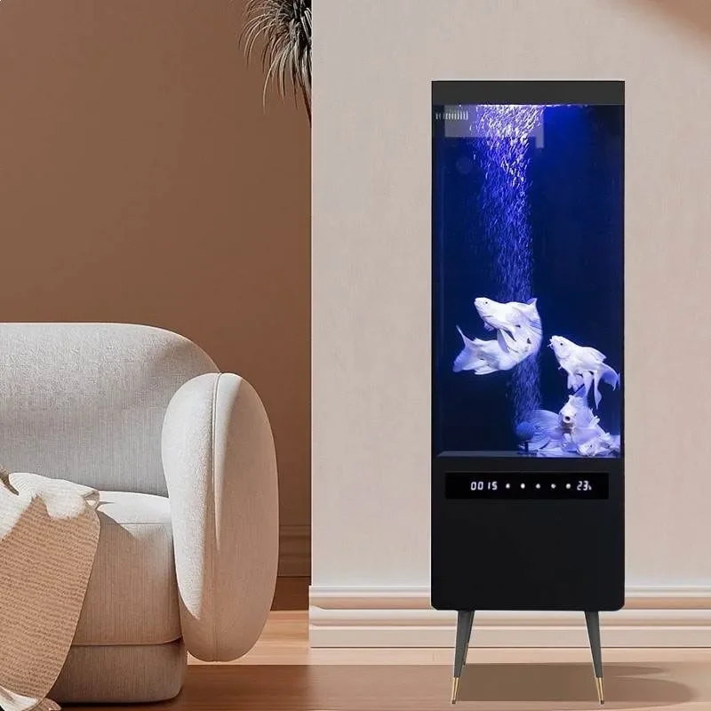 Small Medium Glass Fish Tank for Living Room Office Floor to Ceiling Wall Mounted Goldfish Aquarium Lazy Ecological Water Box