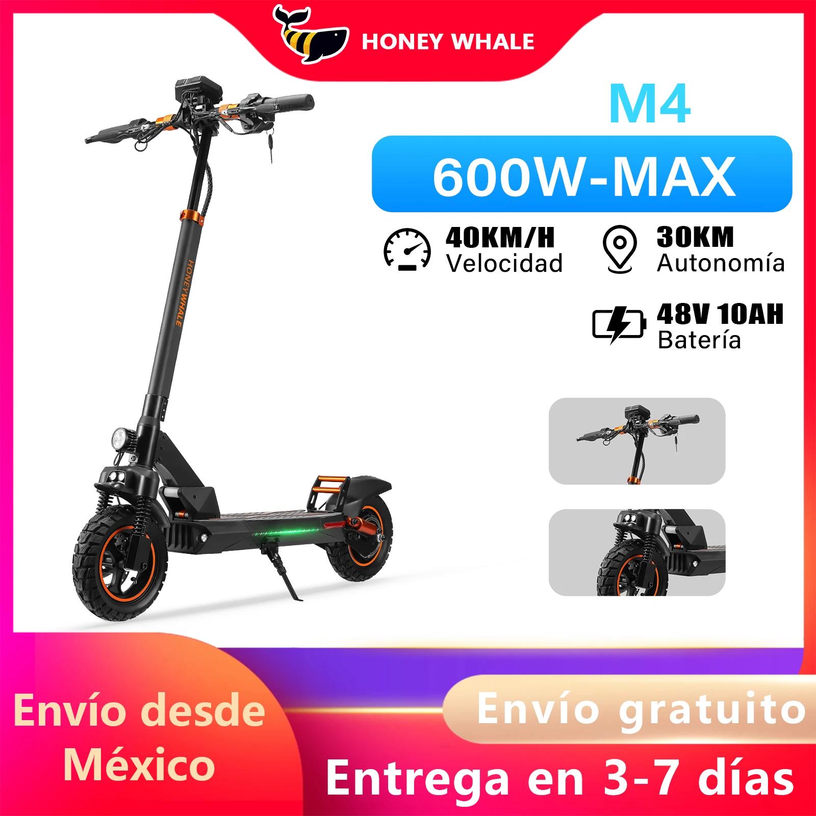 HONEYWHALE M4 Scooter Eléctrico Plegable para Adultos, Motor de 600 W de Potencia Máxima, Velocidad Máxima 40KM/H, Batería 10AH, Autonomía 30KM, Patin Eléctrico con Asiento,  Envío desde México