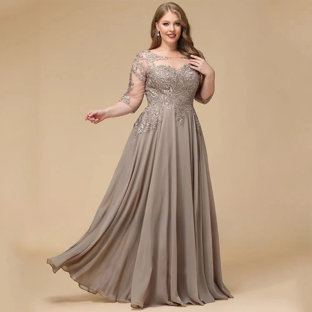 

Elegant Plus Size Mother of The Bride Dress Customized 3/4 Sleeve Applique Floor Length A Line Chiffon Formal Wedding Guest Gown