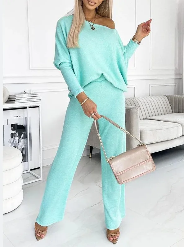 

2025 New Women Solid Color Shirt Top + Pants Two Peice Sets Summer Casual Oblique Shoulder Sports Trousers Long Suit Women Sets