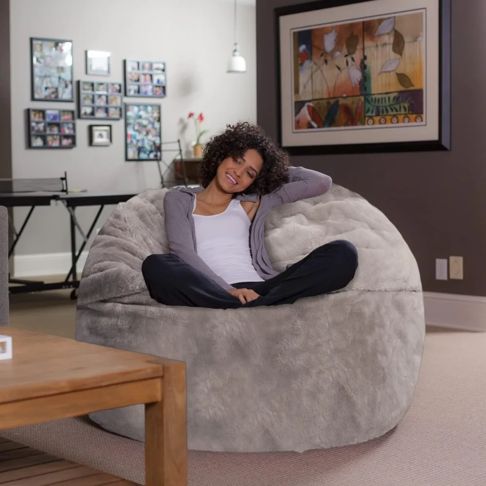 Bean Bag Chair - Plush, Ultra Soft - Memory Foam Bean Bag Chair with Faux Rabbit Fur Cover - Stuffed Foam Filled Furniture