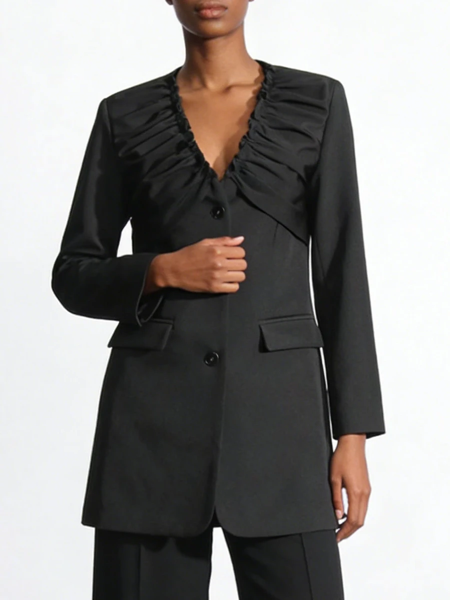 VGH Solid Temperament Slimming Blazers For Women V Neck Long Sleeve Spliced Button Autumn Casual Commute Jacket Female Fashion